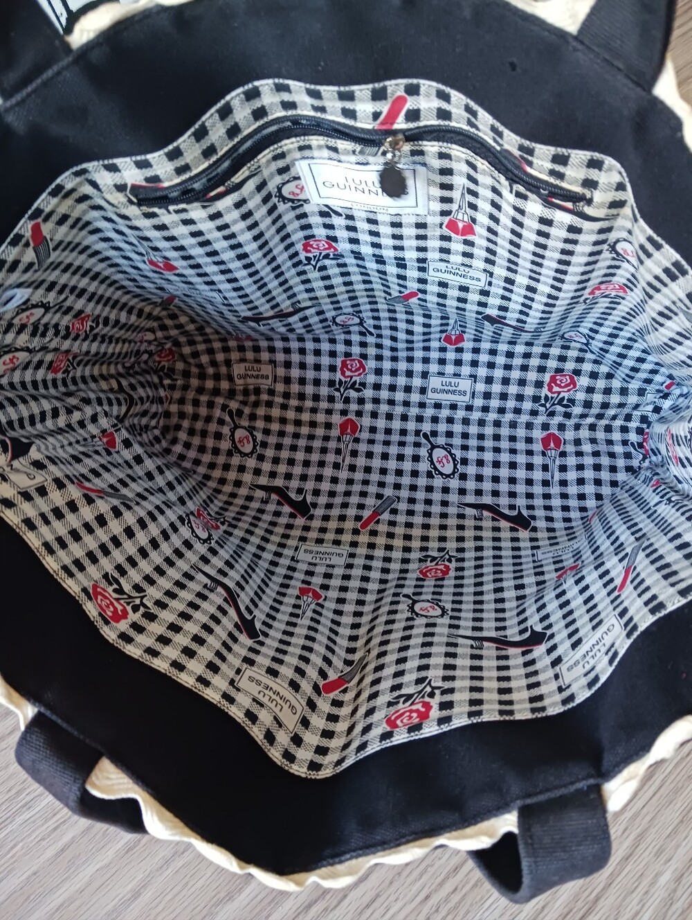 Lulu Guinness London Pin Up Girl Blavk Canvas Tote Bag - Picture 7 of 8